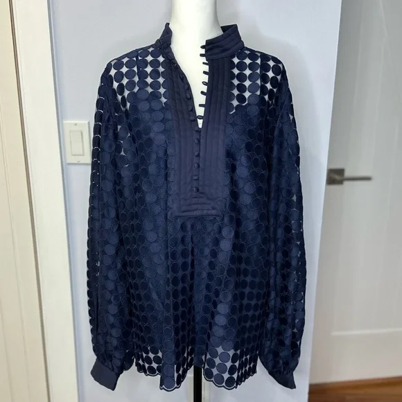 Trina Turk Blue Bianca Oversized Blouse w/Cuffs & Mandarin Collar. XL, EUC! - Picture 1 of 11